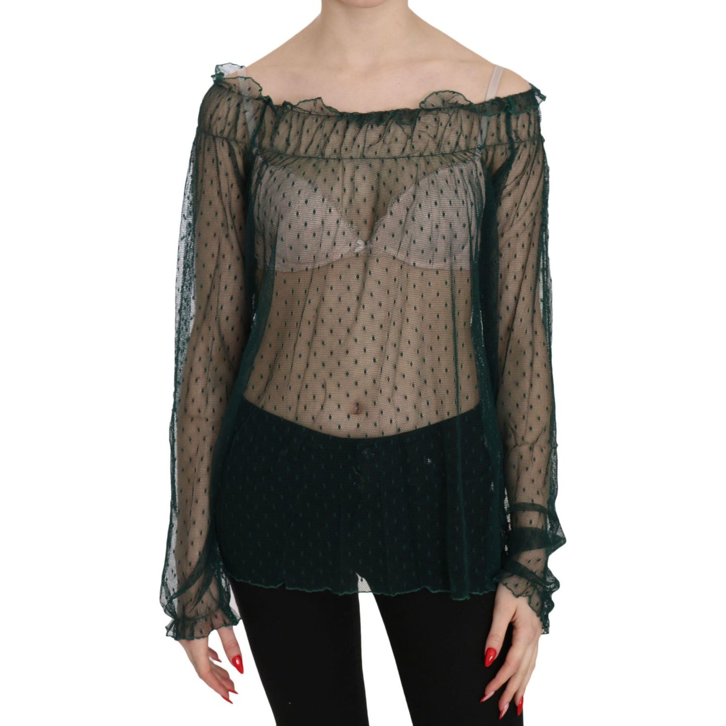 PINK MEMORIES Green Mesh See Through Long Sleeve Top Blouse