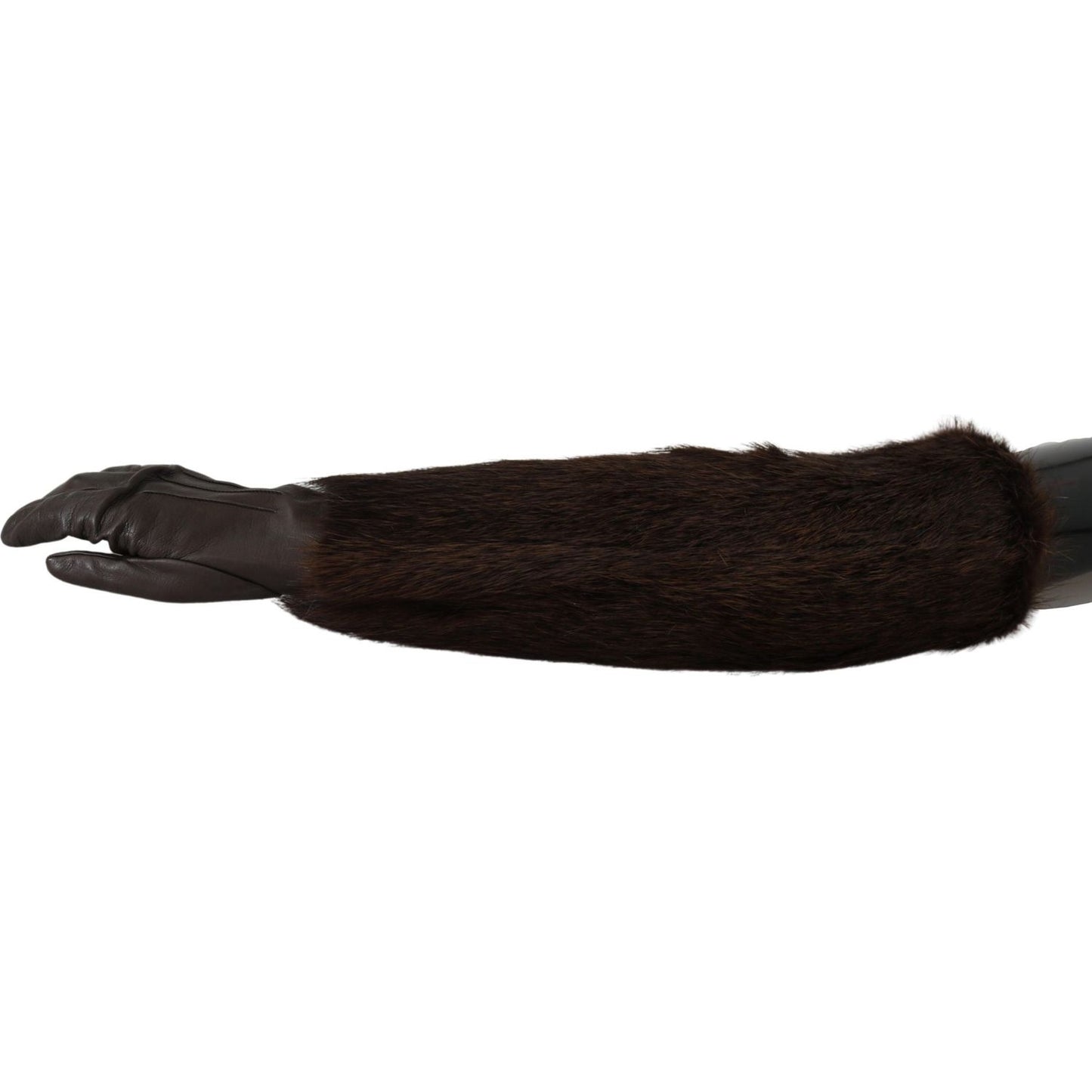 Dolce & Gabbana Brown Elbow Length Mittens Leather Fur Gloves LB1018-7.5