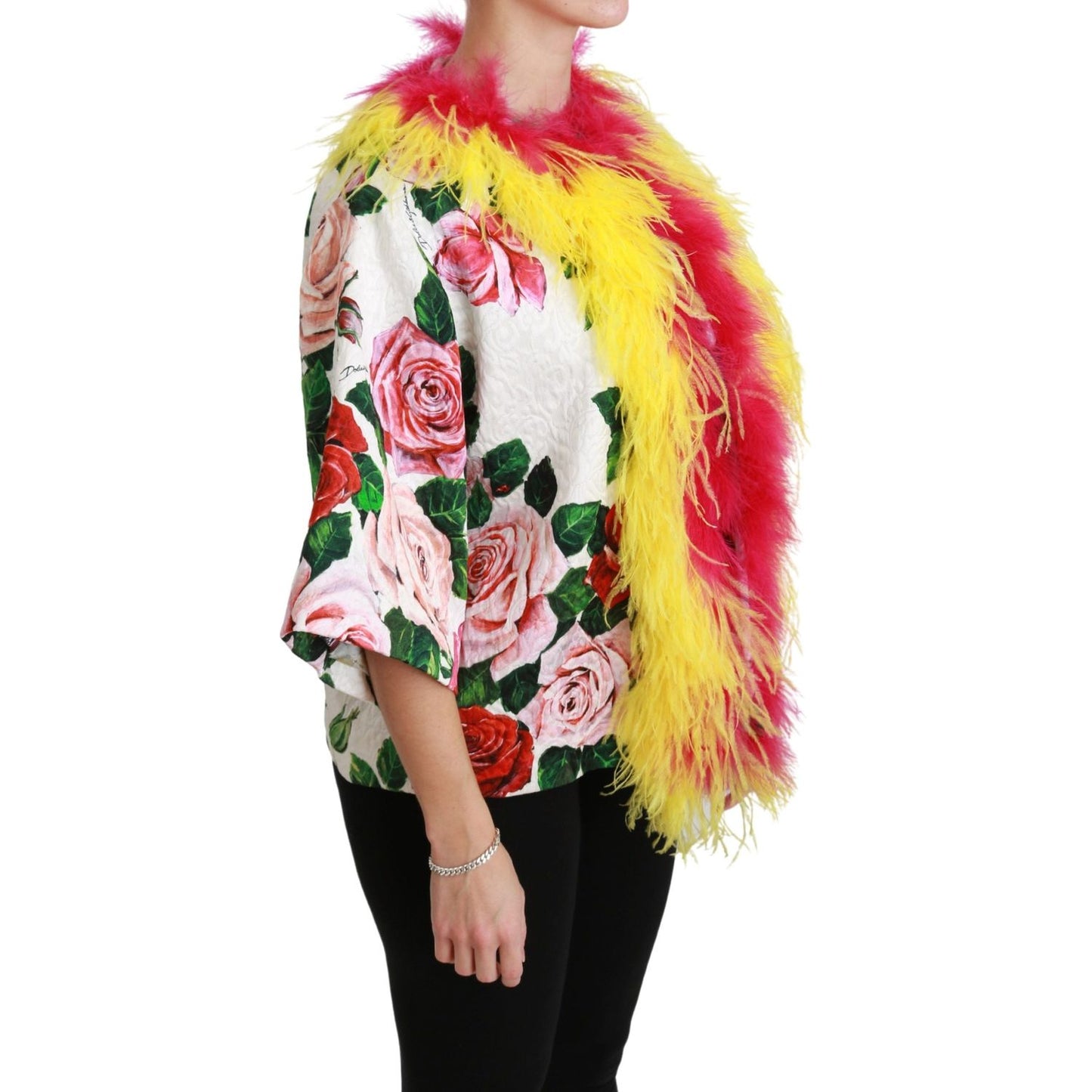 Dolce & Gabbana White Floral Coat Capte Fur Roses Jacket JKT2573-40