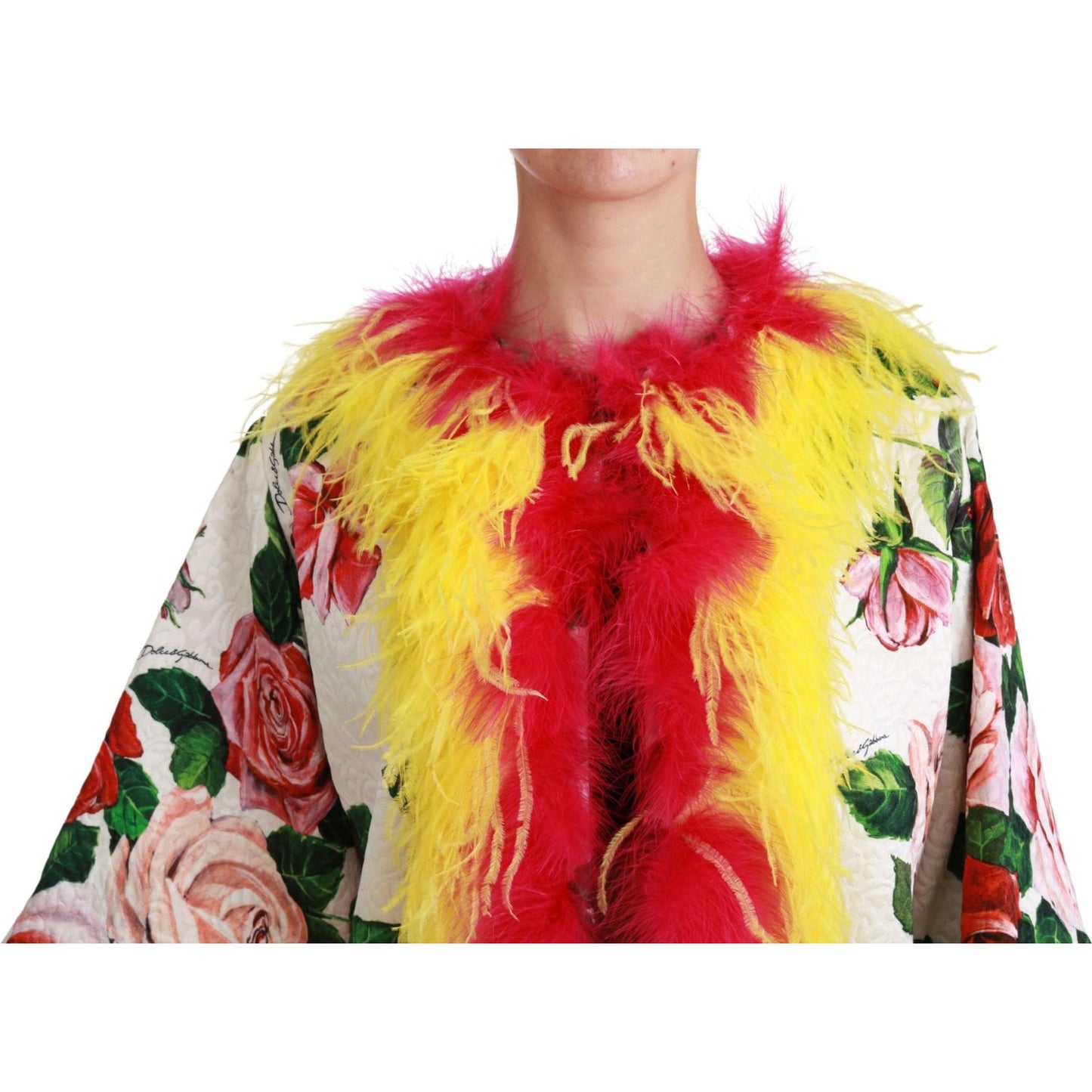 Dolce & Gabbana White Floral Coat Capte Fur Roses Jacket JKT2573-40