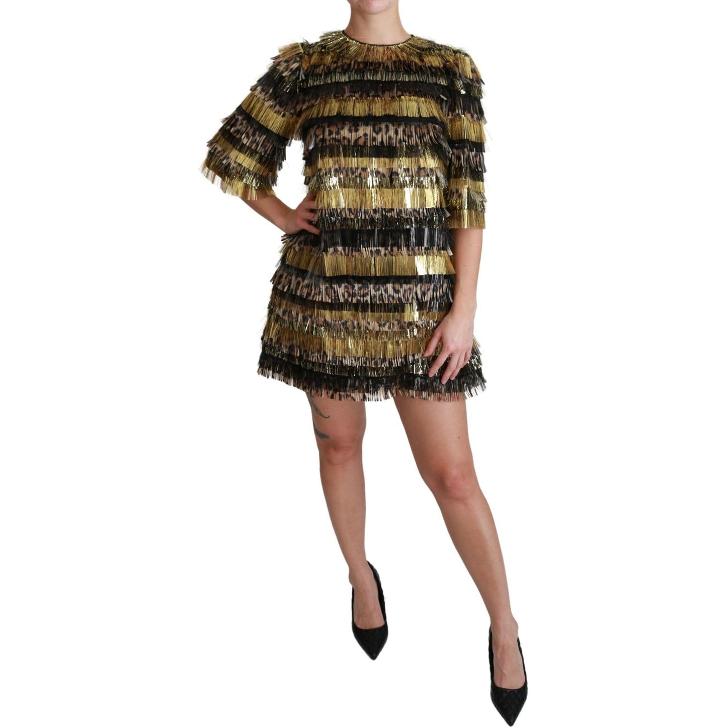 Dolce & Gabbana Polyester Black Gold Leopard Shift Mini Dress