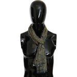 GF Ferre Green Wool Viscose Foulard Patterned Branded Scarf