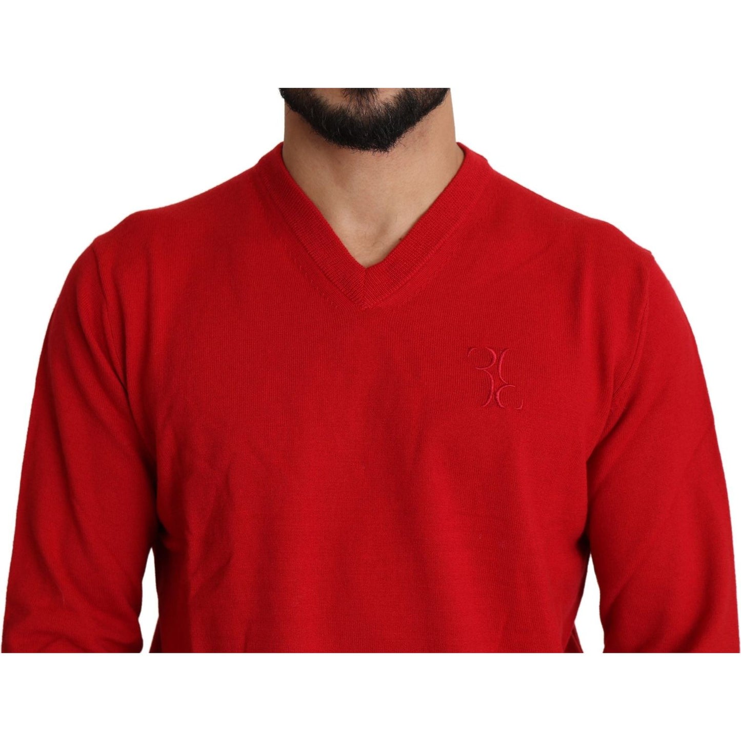 Billionaire Italian Couture Red V-neck Wool Sweatshirt Pullover Sweater TSH2009-XL