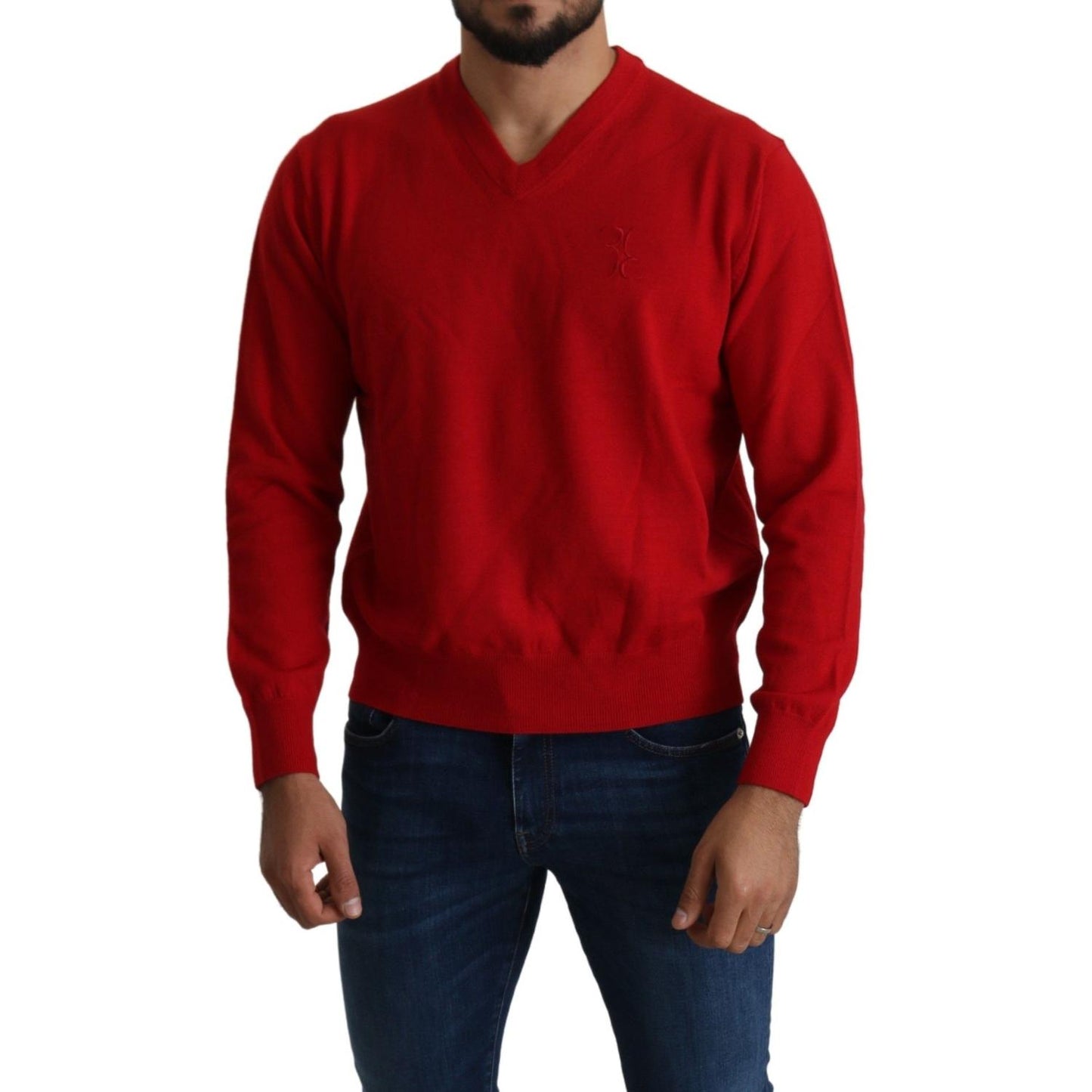 Billionaire Italian Couture Red V-neck Wool Sweatshirt Pullover Sweater TSH2009-XL