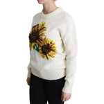 Dolce & Gabbana White Floral Wool Pullover Sunflower Sweater TSH5357-36