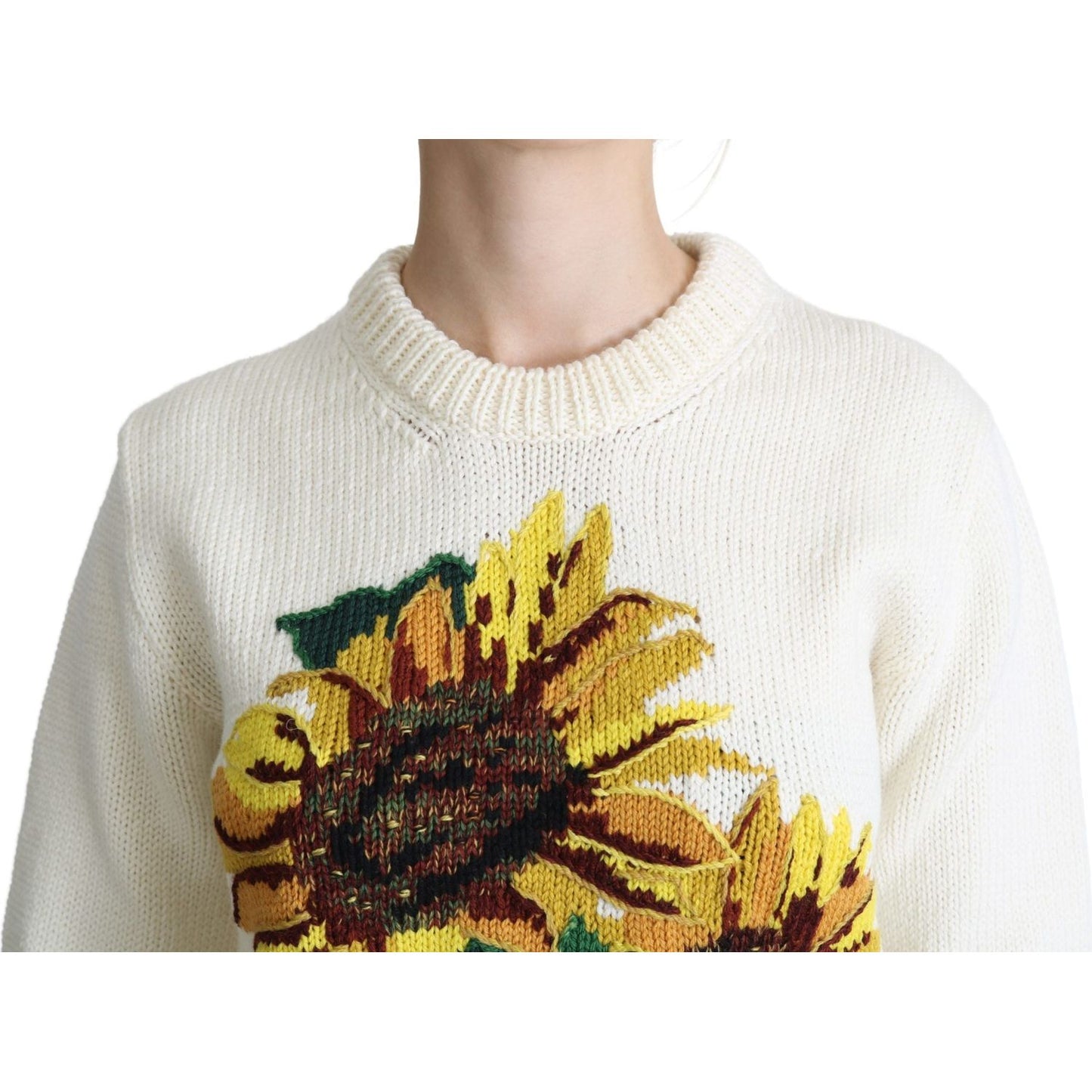 Dolce & Gabbana White Floral Wool Pullover Sunflower Sweater TSH5357-36