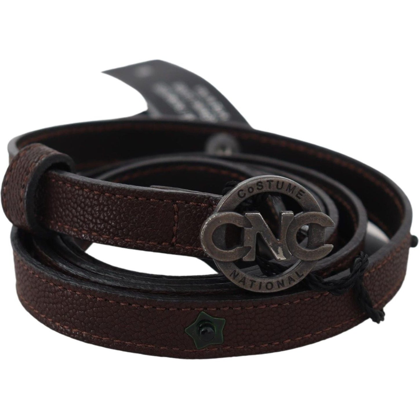 Costume National Brown Skinny Leather Round Logo Buckle Belt BEL60950-100