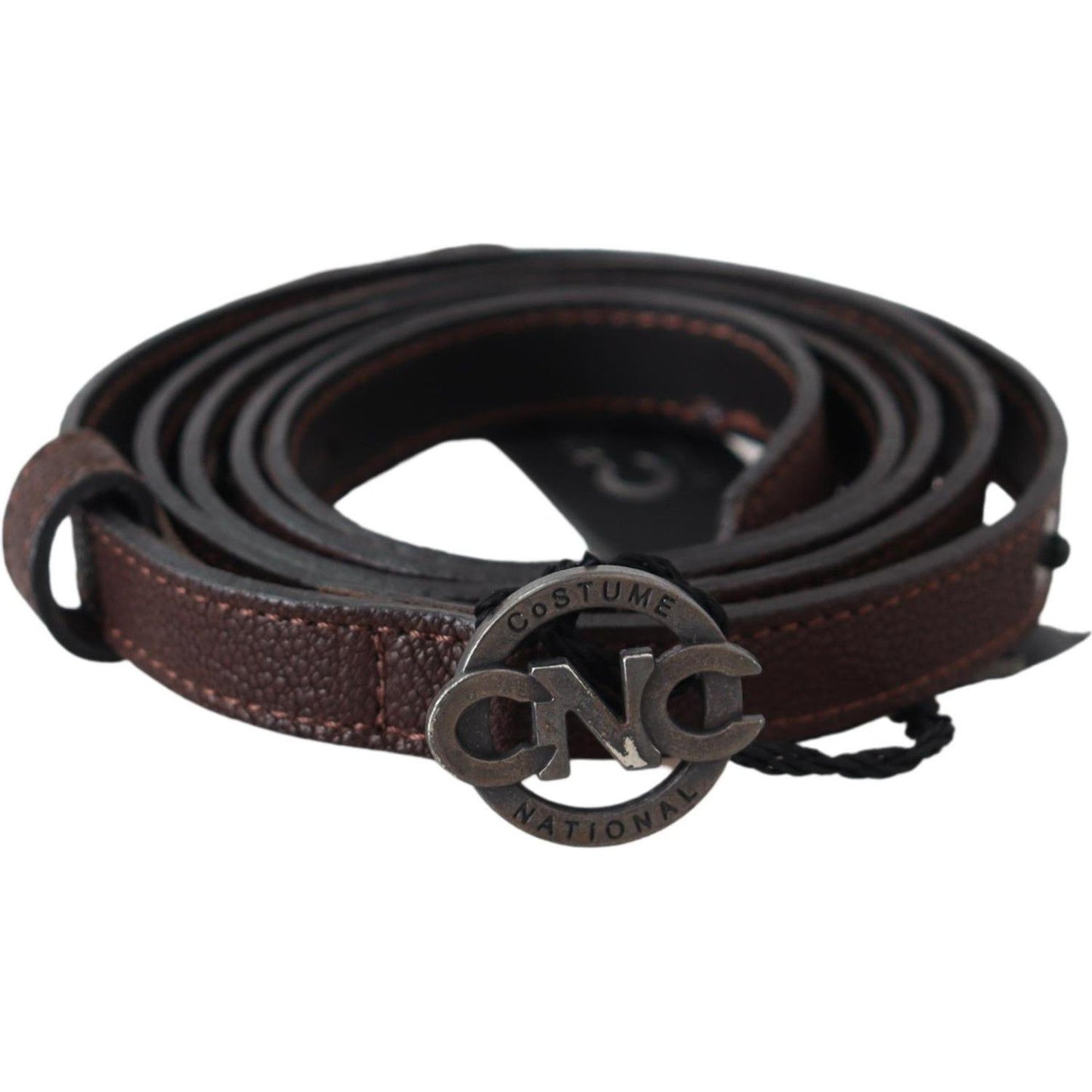 Costume National Brown Skinny Leather Round Logo Buckle Belt BEL60950-100