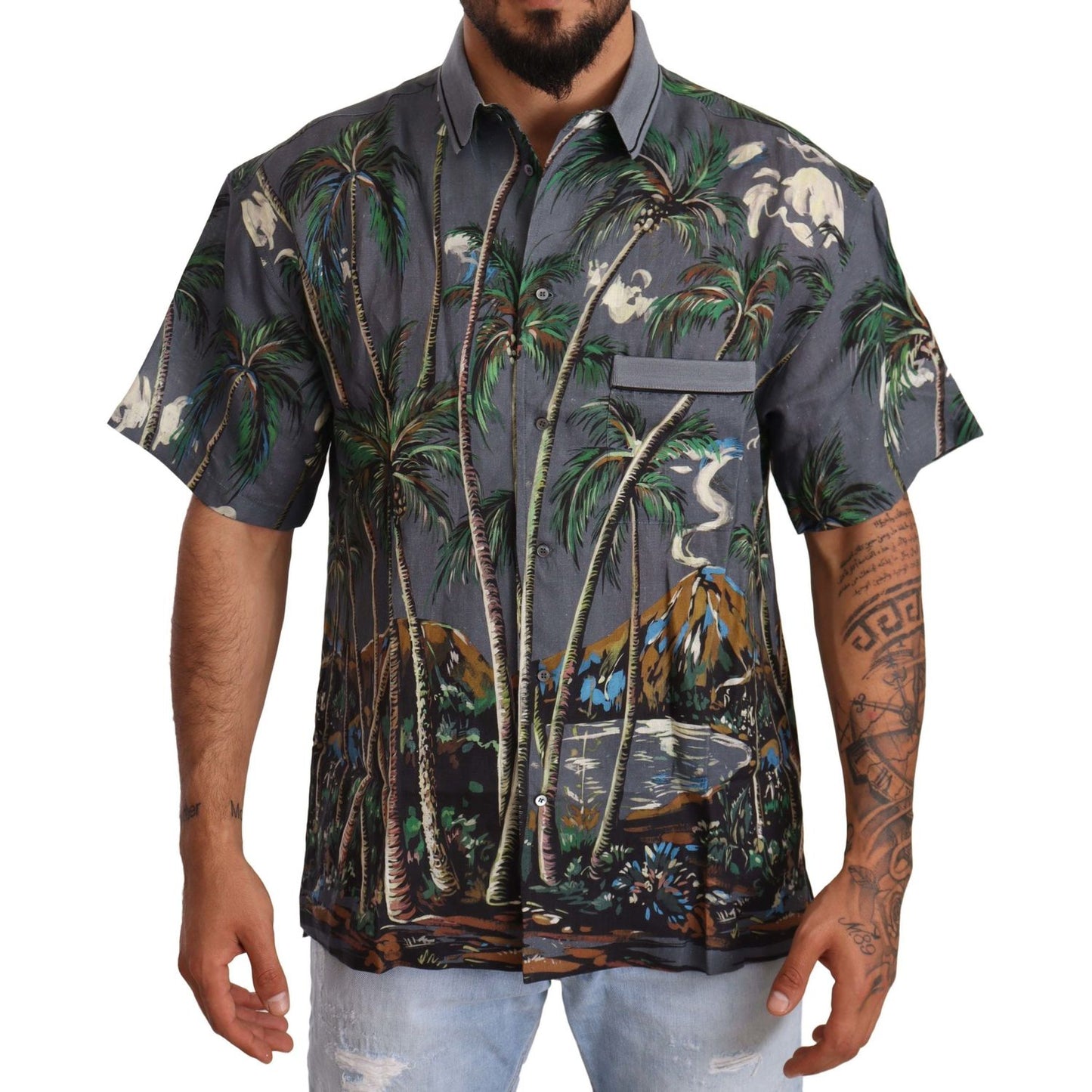 Dolce & Gabbana Gray Linen Tropical Print Collared Shirt