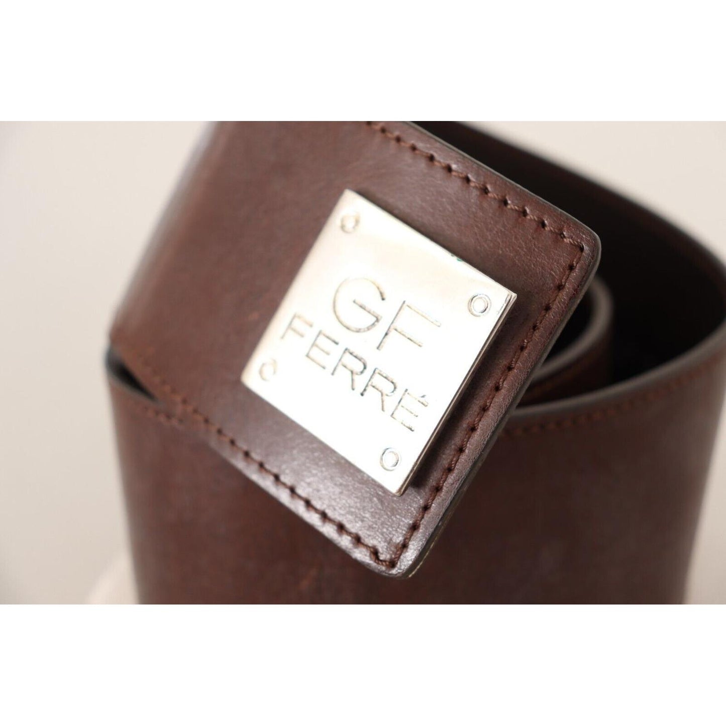 GF Ferre Brown Genuine Leather Wide Logo Buckle Waist Belt BEL61041- 70