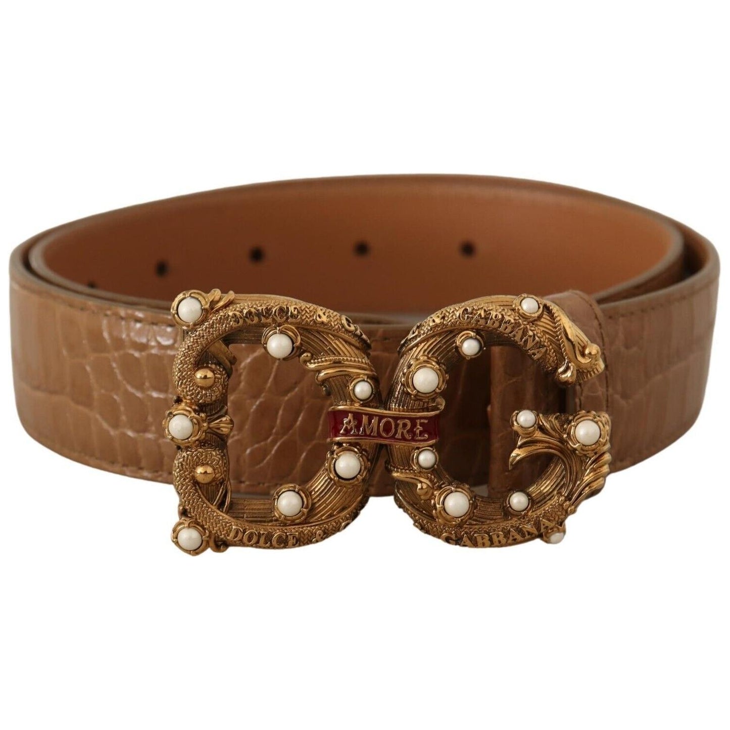 Dolce & Gabbana Brown Crocodile Pattern Leather Logo Amore Belt BEL8310 - 75