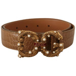 Dolce & Gabbana Brown Crocodile Pattern Leather Logo Amore Belt BEL8310 - 75