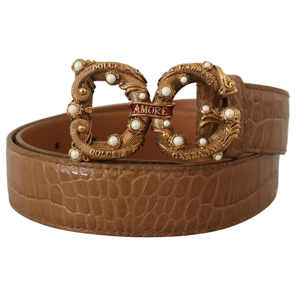 Dolce & Gabbana Brown Crocodile Pattern Leather Logo Amore Belt BEL8310 - 75