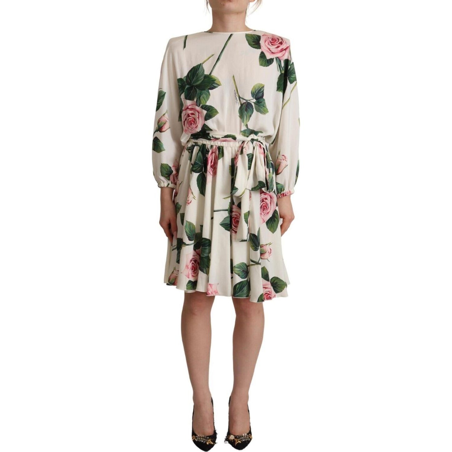 Dolce & Gabbana White Rose Print Long Sleeves A-line Dress DR28649 - 38