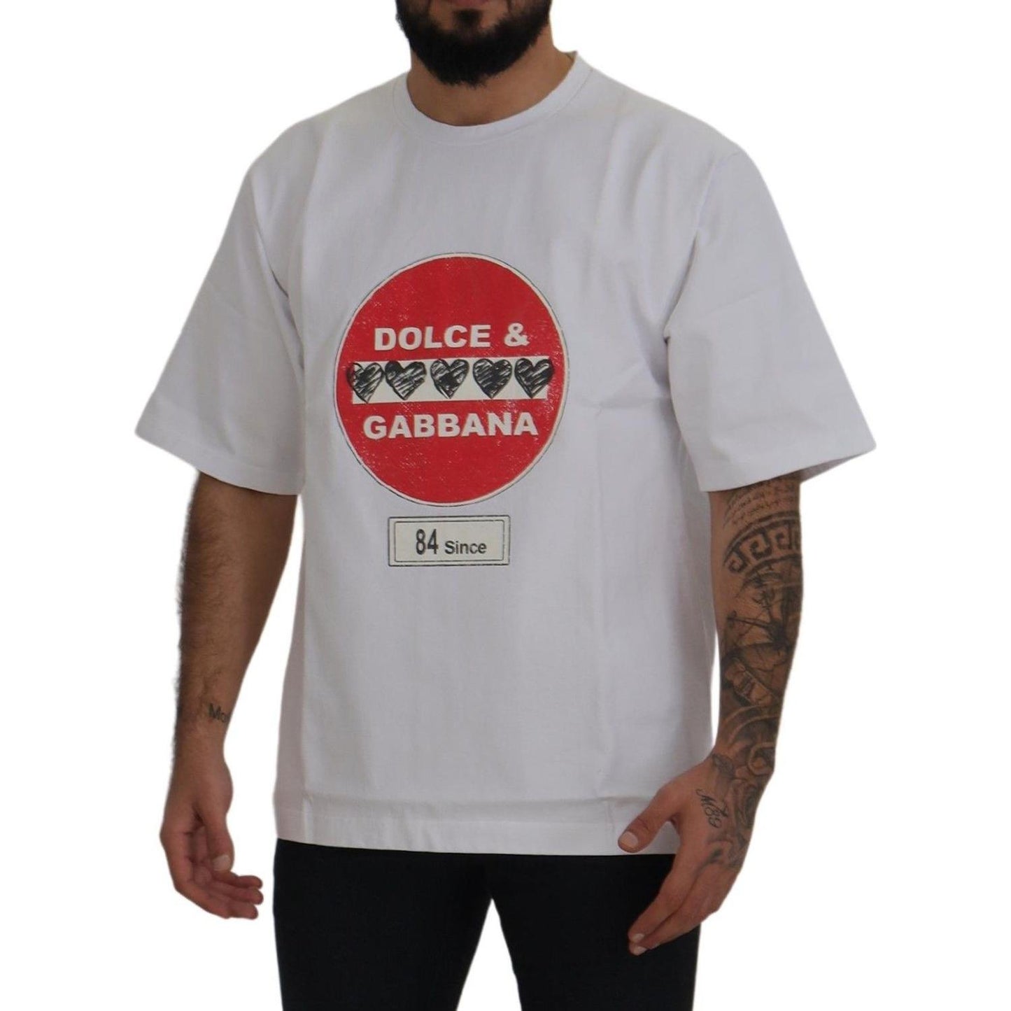 Dolce & Gabbana White Amor Heart Cotton Crewneck T-shirt TSH83070- S