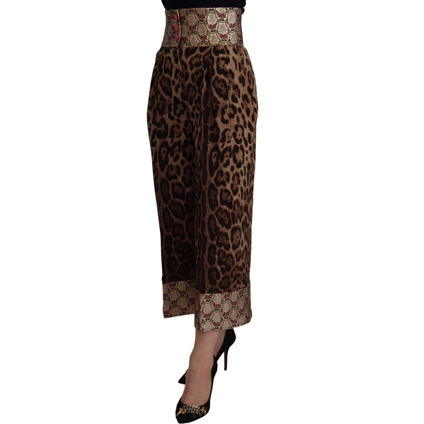 Dolce & Gabbana Brown Leopard Gold Jacquard High Waist Pants PAN73050- 36