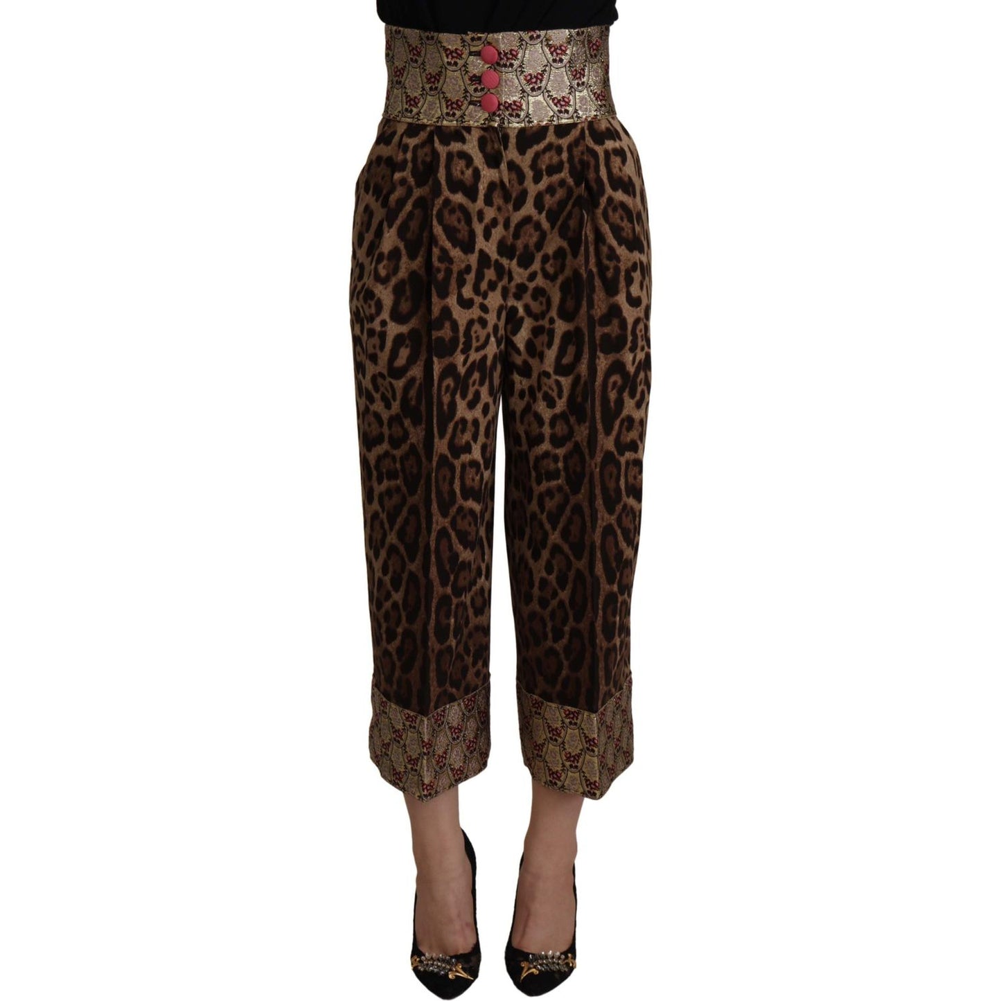 Dolce & Gabbana Brown Leopard Gold Jacquard High Waist Pants PAN73050- 36