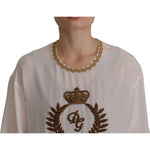 Dolce & Gabbana White Silk Gold DG Crown Crystal Blouse Top TSH7844- 36
