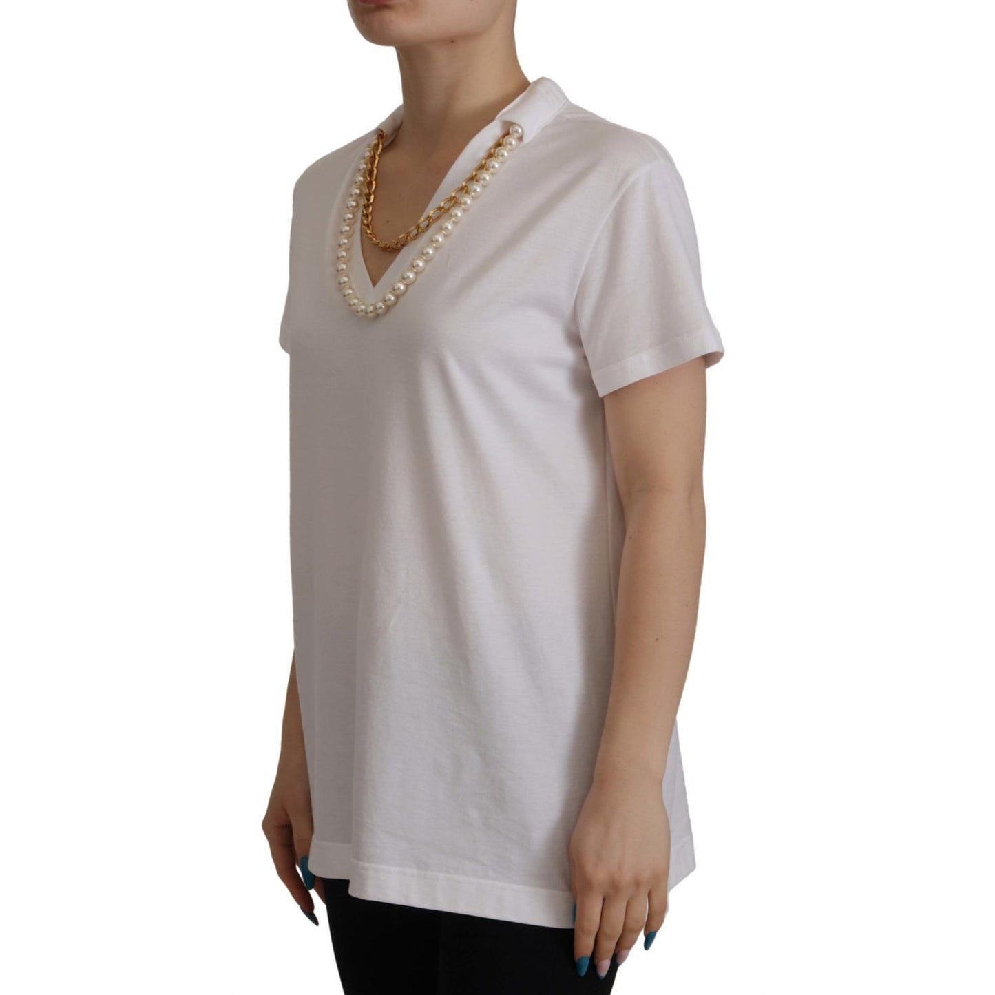 Dolce & Gabbana White Necklace Embellished Neckline T-shirt Top TSH7858- 40