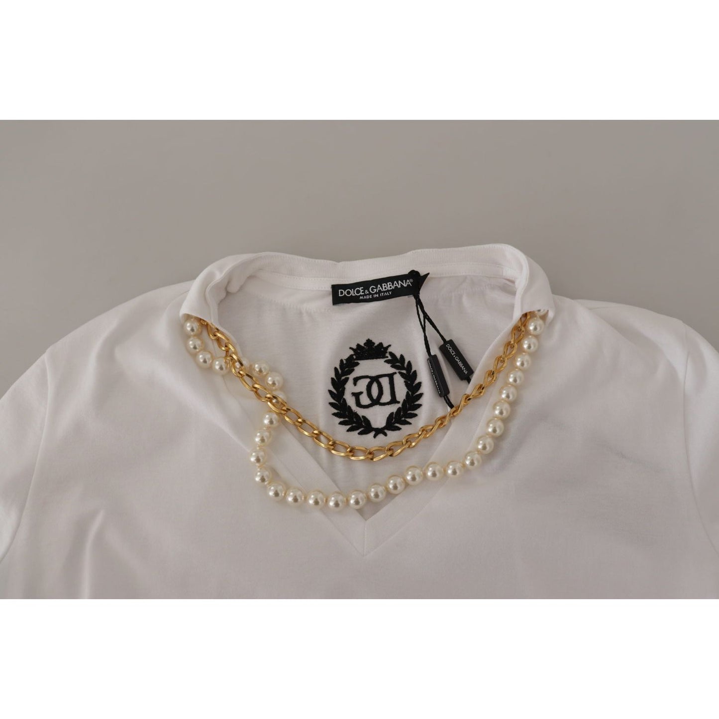 Dolce & Gabbana White Necklace Embellished Neckline T-shirt Top TSH7858- 40