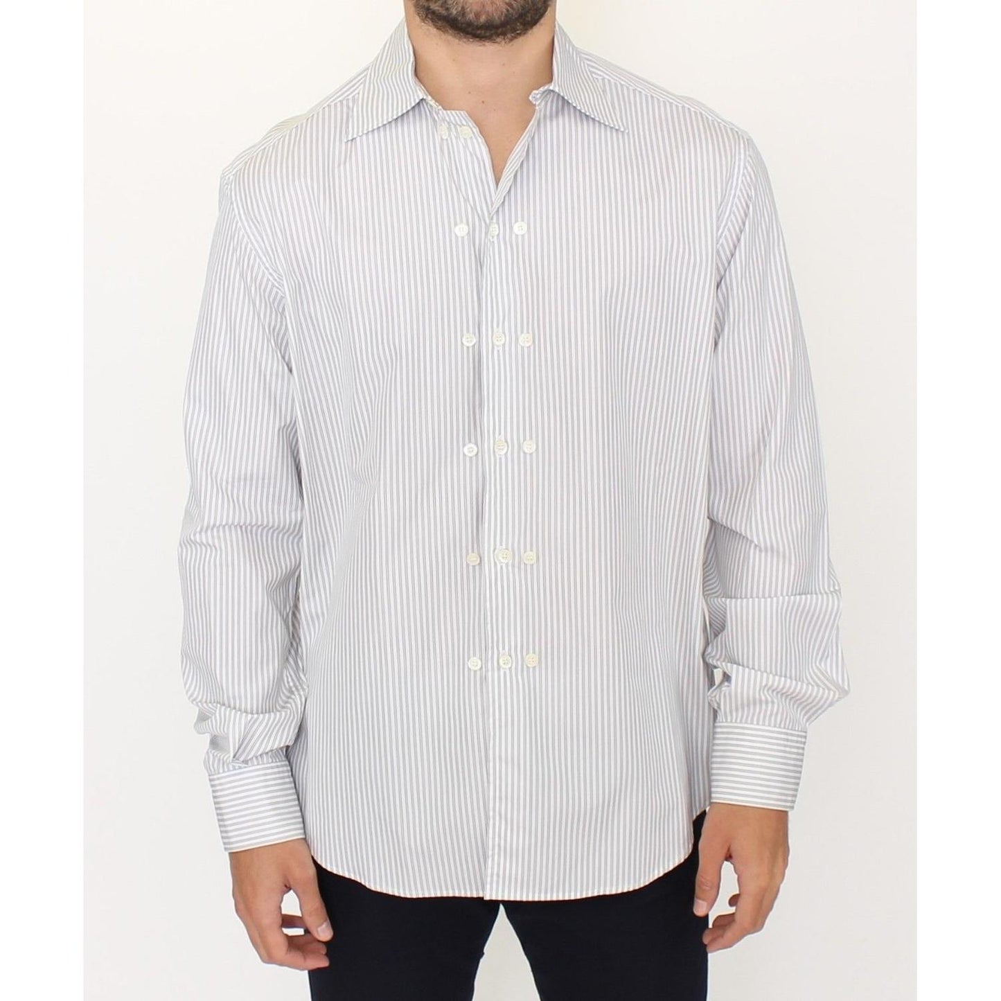 Ermanno Scervino White Gray Striped Regular Fit Casual Shirt SIG10176-1