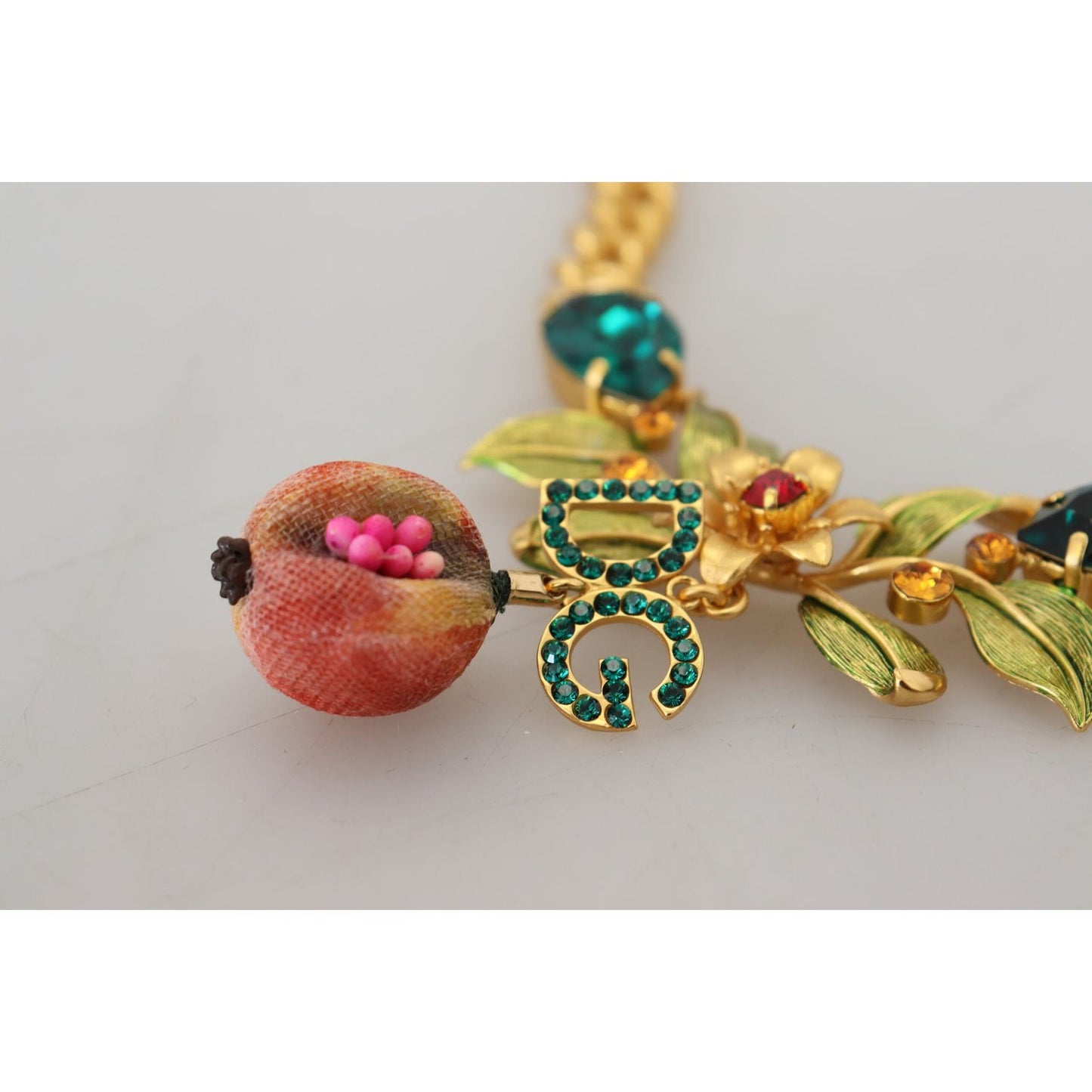 Dolce & Gabbana Gold Brass Crystal Logo Fruit Floral Statement Necklace Necklace