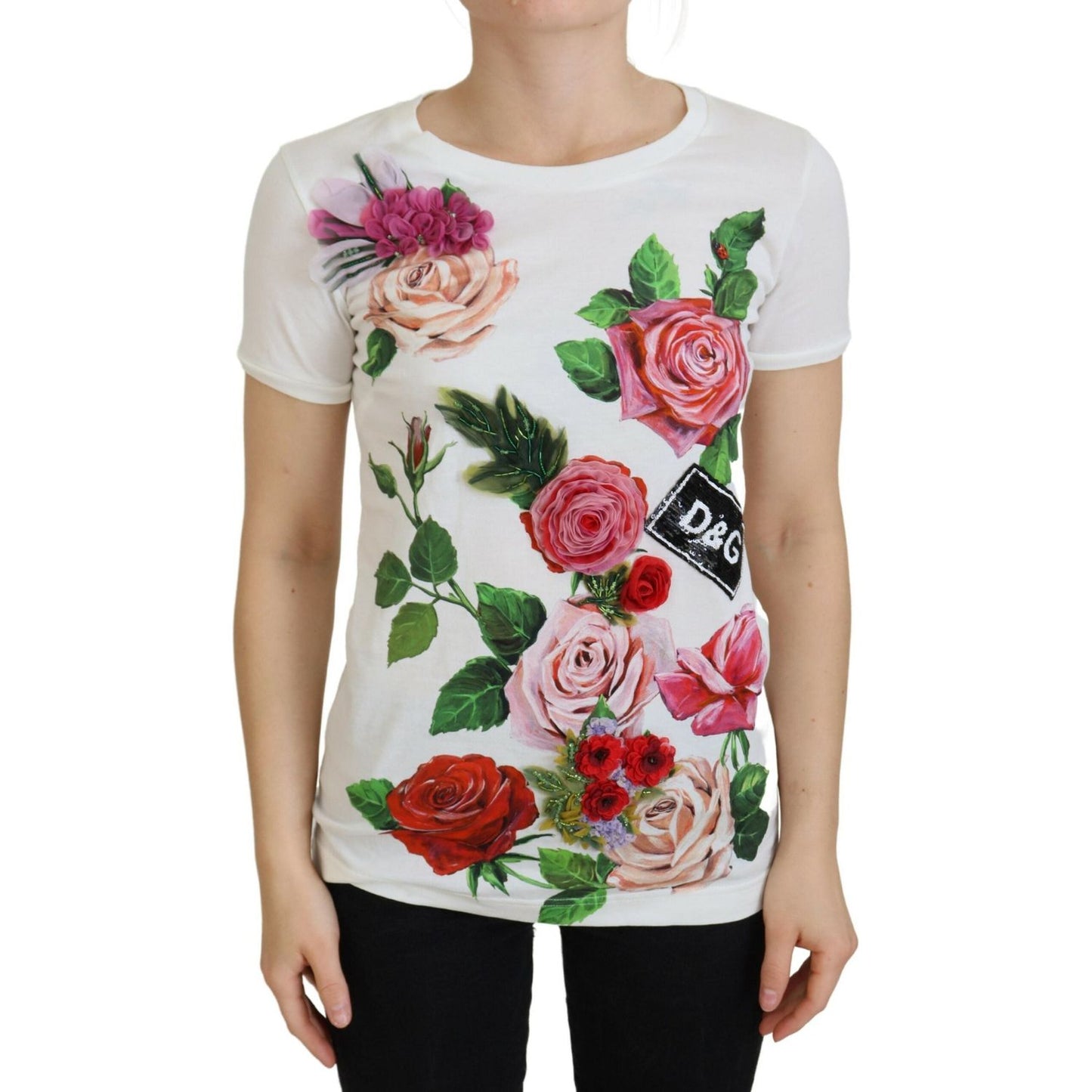Dolce & Gabbana White Rose DGLogo Printed Short Sleeves Top TSH83151 -36
