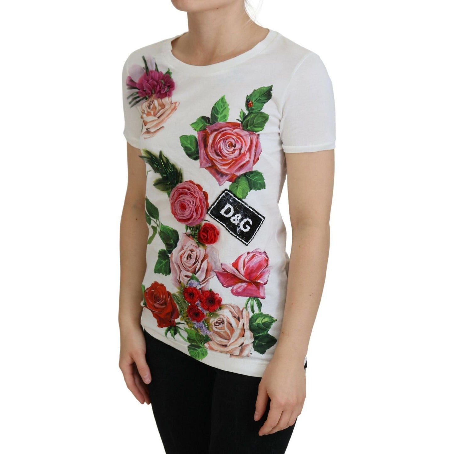 Dolce & Gabbana White Rose DGLogo Printed Short Sleeves Top TSH83151 -36