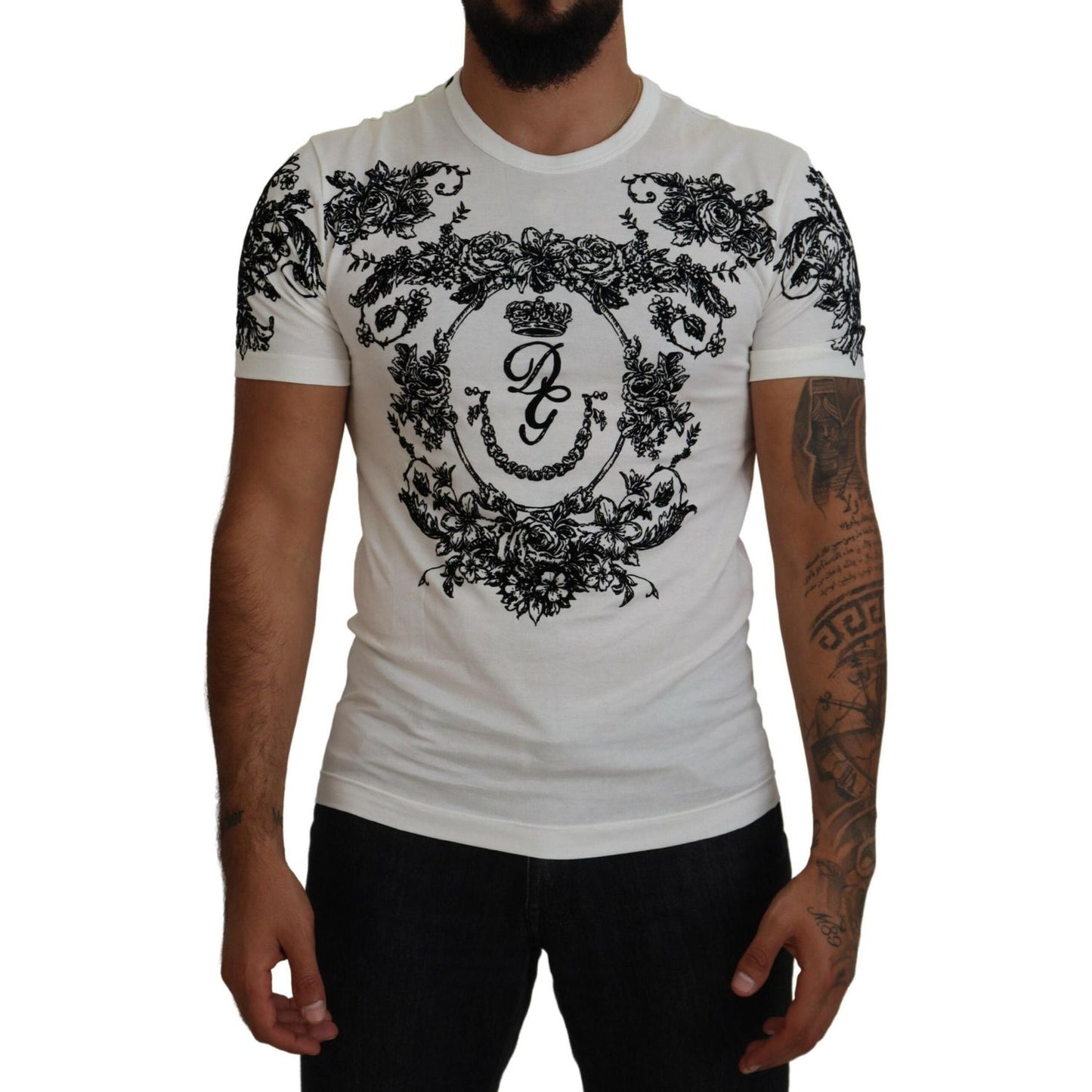 Dolce & Gabbana White DG Crown Floral Crewneck Men T-shirt TSH83989-44