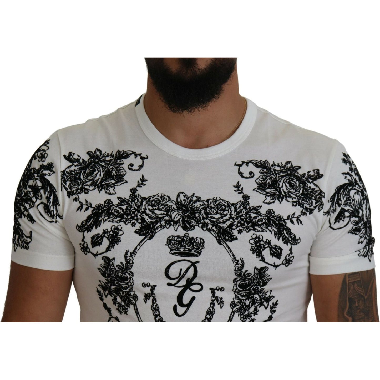 Dolce & Gabbana White DG Crown Floral Crewneck Men T-shirt TSH83989-44