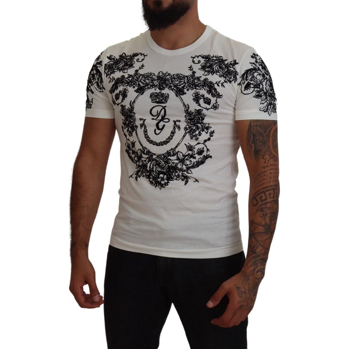 Dolce & Gabbana White DG Crown Floral Crewneck Men T-shirt TSH83989-44