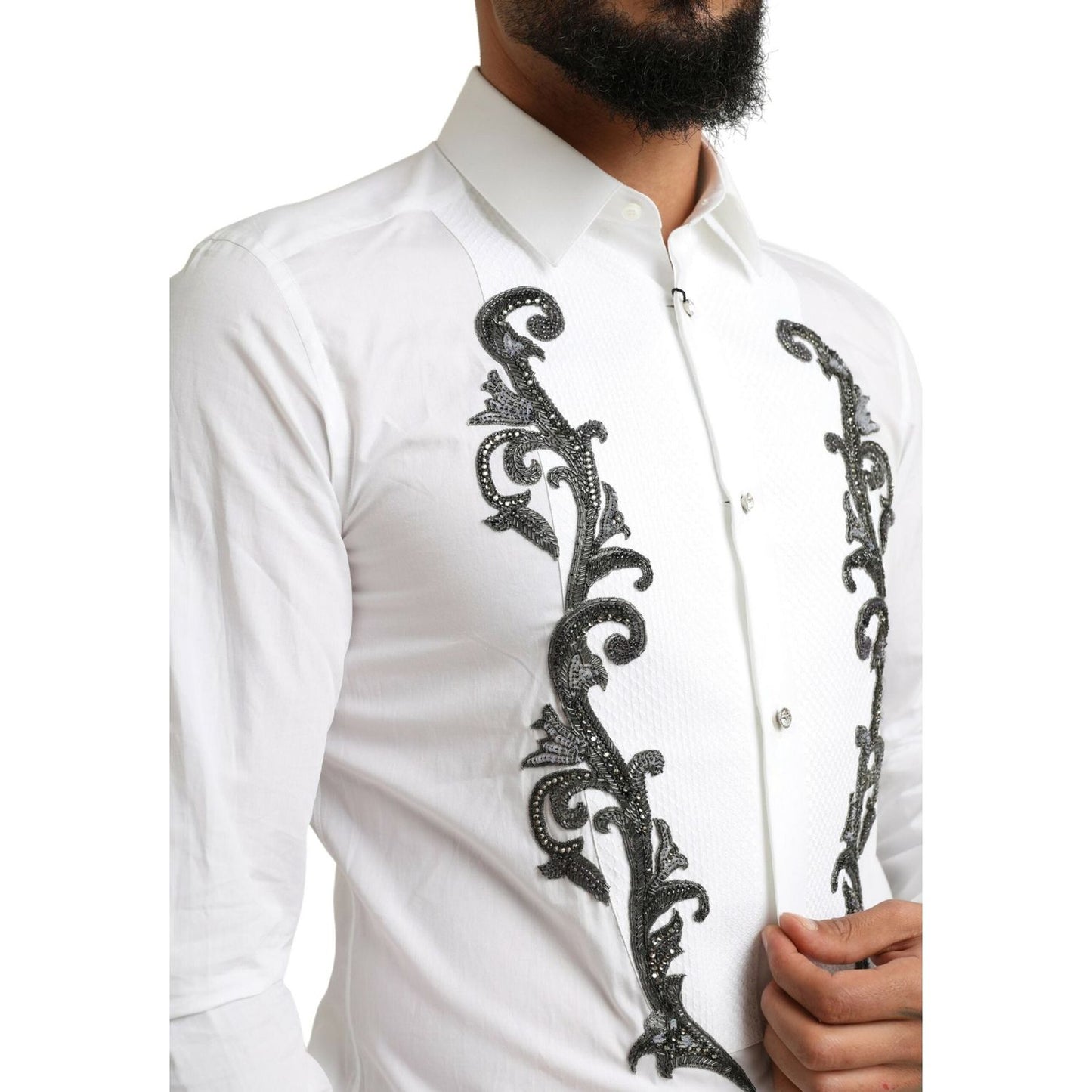Dolce & Gabbana White Tuxedo Slim Fit Baroque Shirt TSH84093- 38