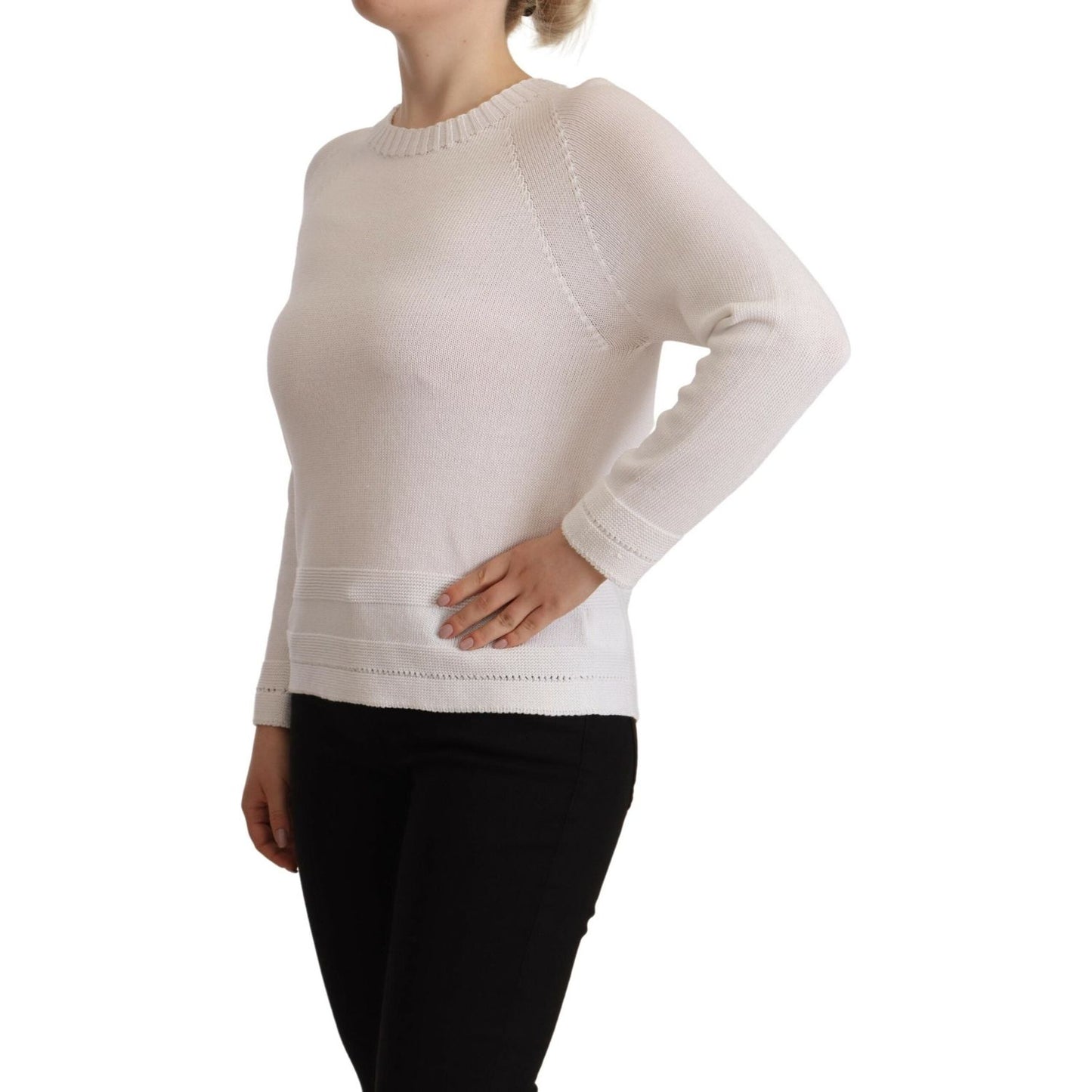 Alpha Studio White Long Sleeves Crewneck Pullover Sweater TSH7301-40