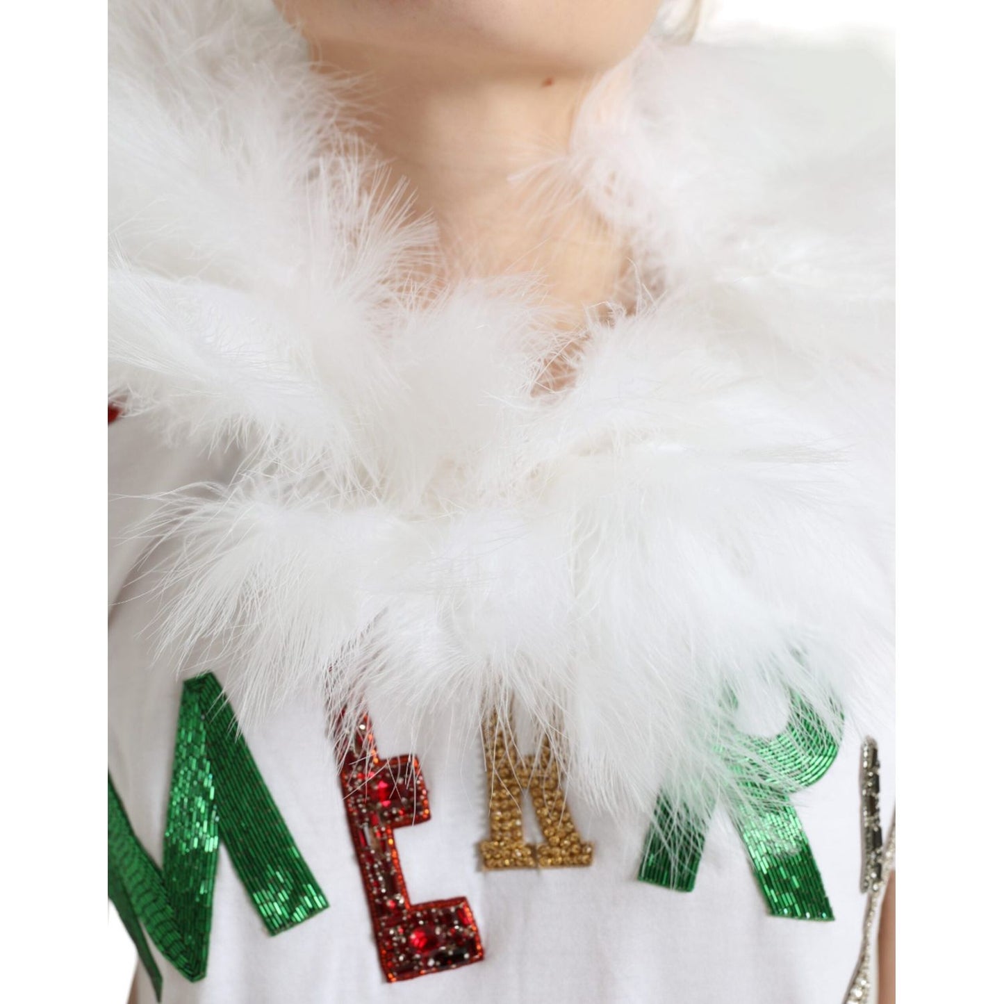 Dolce & Gabbana White Cotton Christmas Sequin Fur T-shirt TSH84218-36