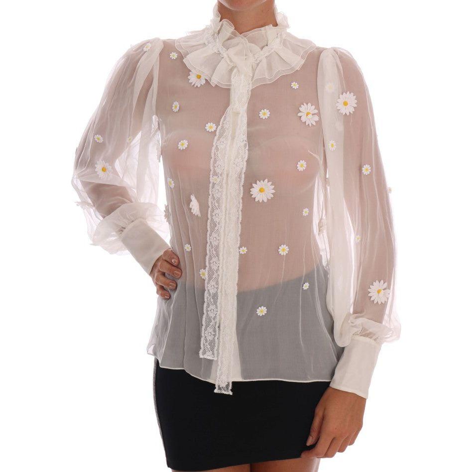 Dolce & Gabbana White Daisy Applique Silk Shirt TSH1440-1