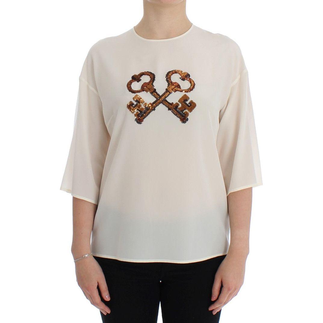 Dolce & Gabbana White Sequined Key Silk Blouse T-shirt Top SIG13197-1