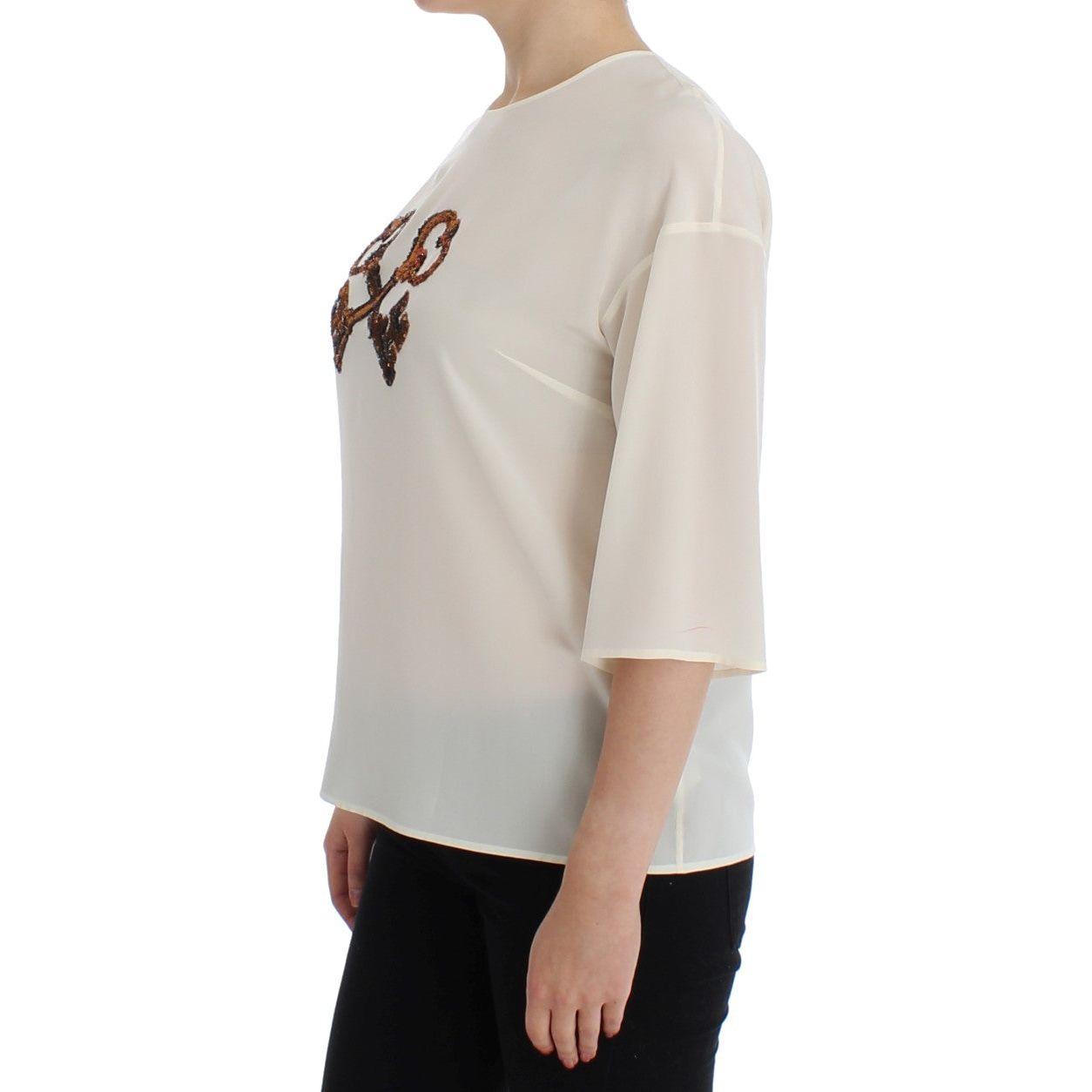 Dolce & Gabbana White Sequined Key Silk Blouse T-shirt Top SIG13197-1