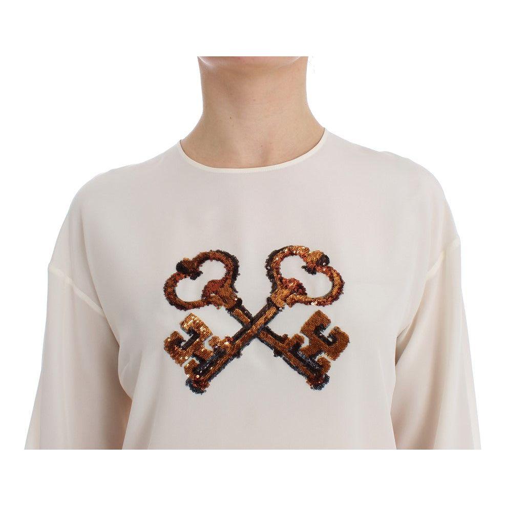 Dolce & Gabbana White Sequined Key Silk Blouse T-shirt Top SIG13197-1