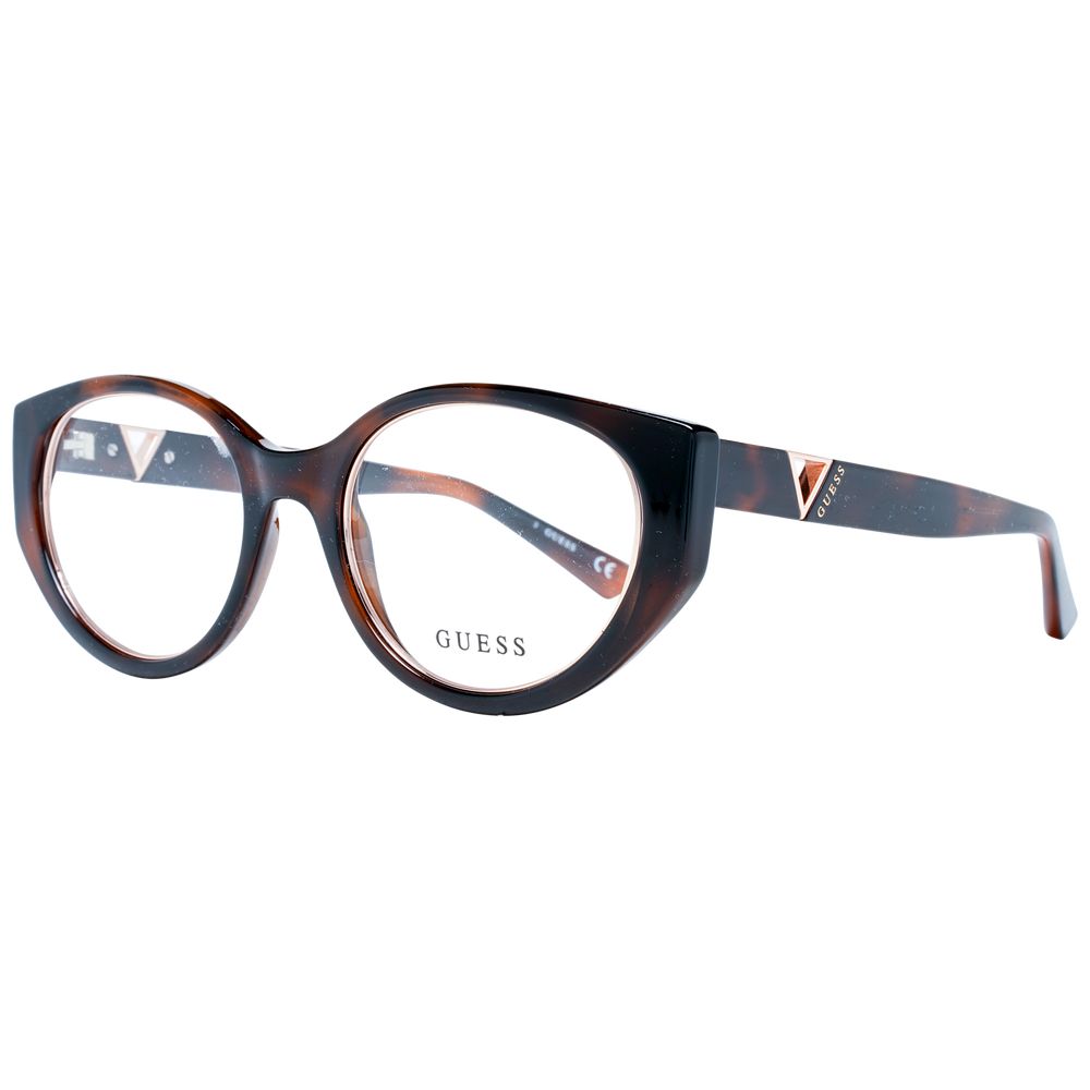 Guess Brown Women Glasses Frame in cat-eye style with full-rim plastic design, demo lenses, and branded case included.