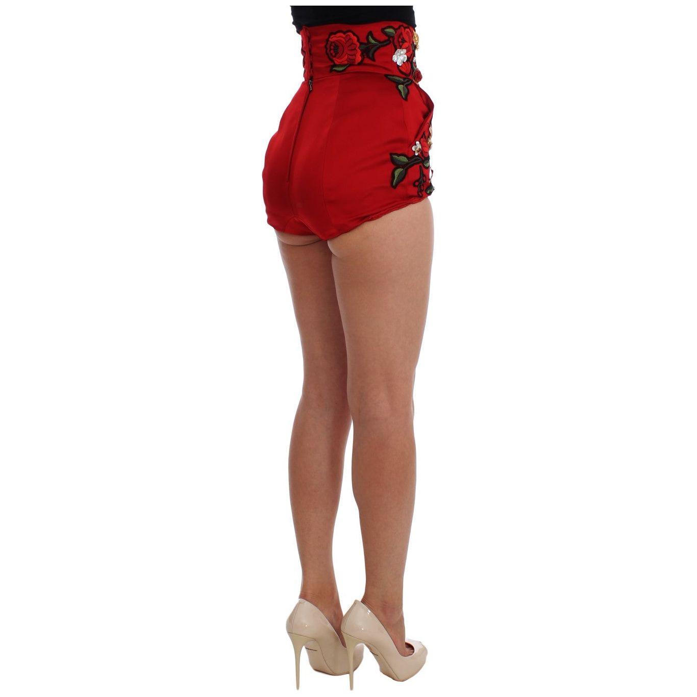 Dolce & Gabbana Red Silk Crystal Roses Shorts SIG20115-1