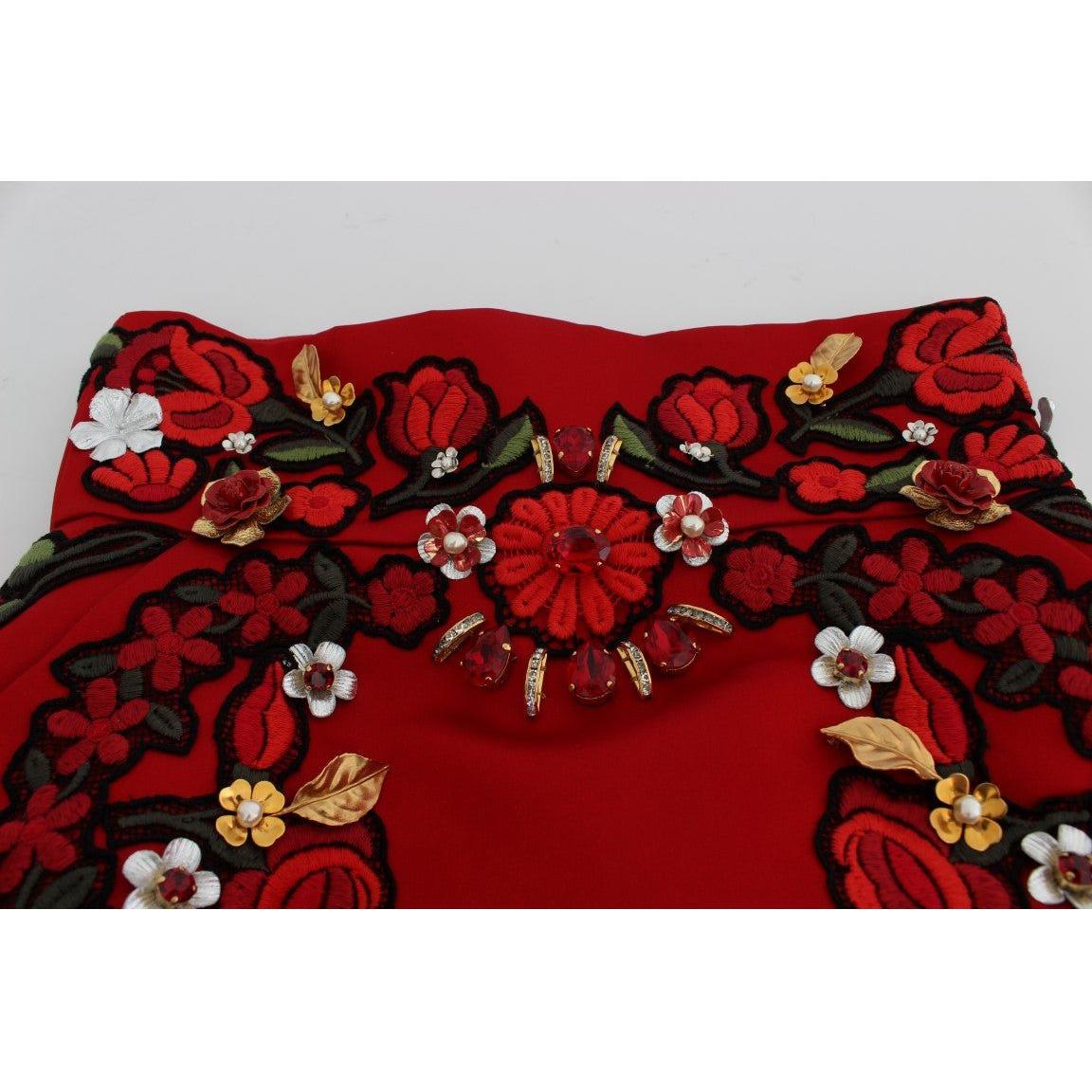 Dolce & Gabbana Red Silk Crystal Roses Shorts SIG20115-1