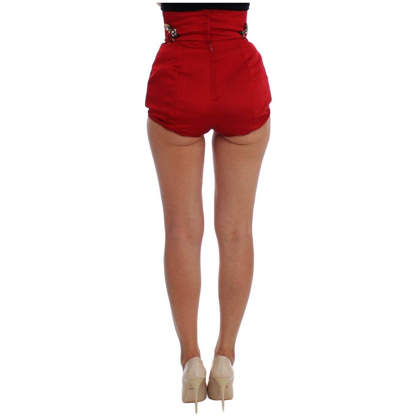 Dolce & Gabbana Red Silk Crystal Roses Shorts SIG20126-1