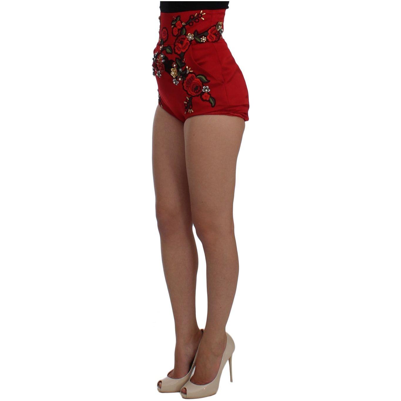 Dolce & Gabbana Red Silk Crystal Roses Shorts SIG20126-1