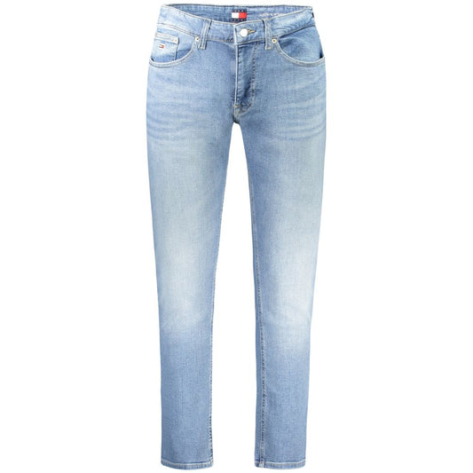 Tommy Hilfiger Blue Cotton Men Jeans with washed effect and slim-tapered fit, crafted with 50% regenerative cotton for sustainable fashion.