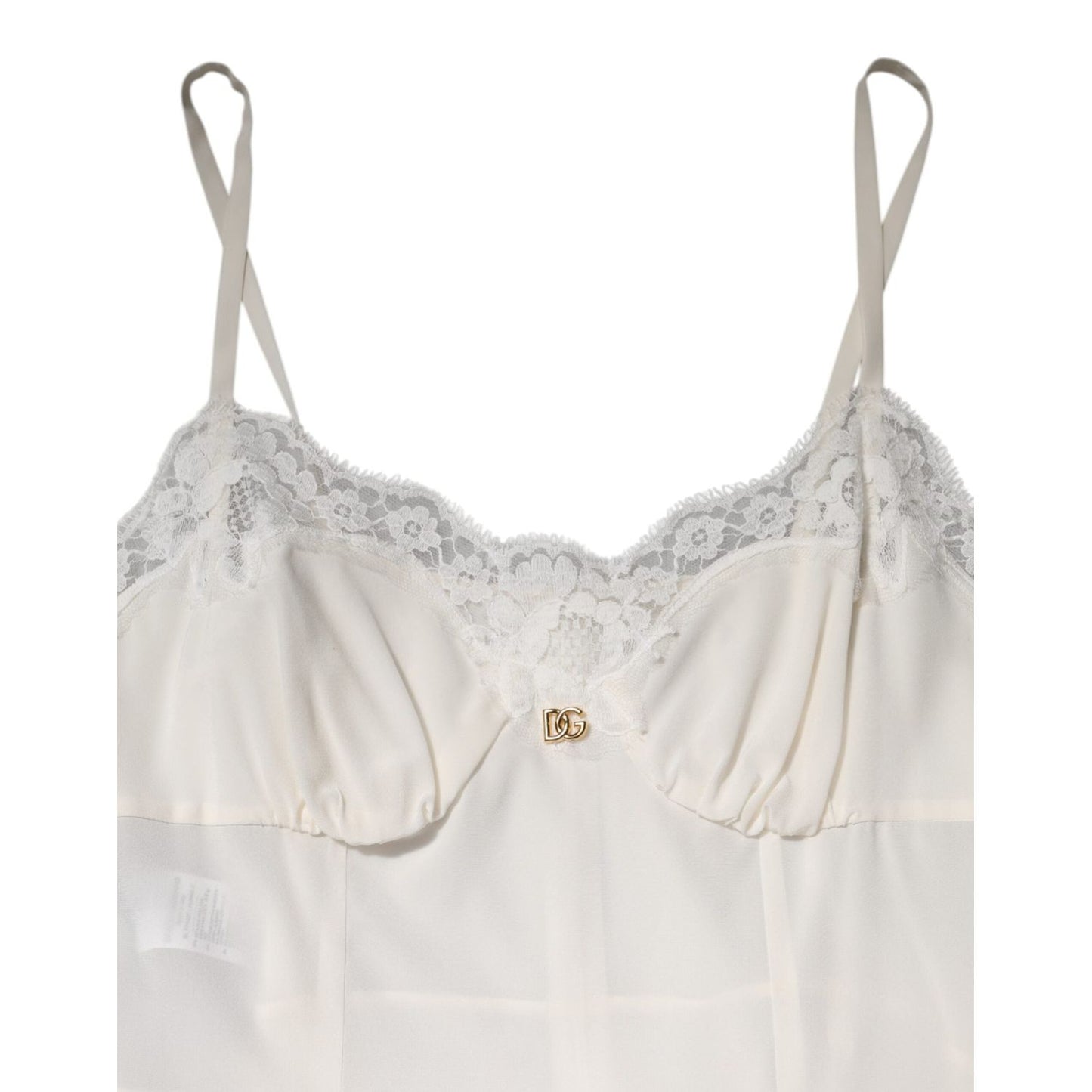 Dolce & Gabbana White Lace Gold DG Logo Silk Dress Sleepwear