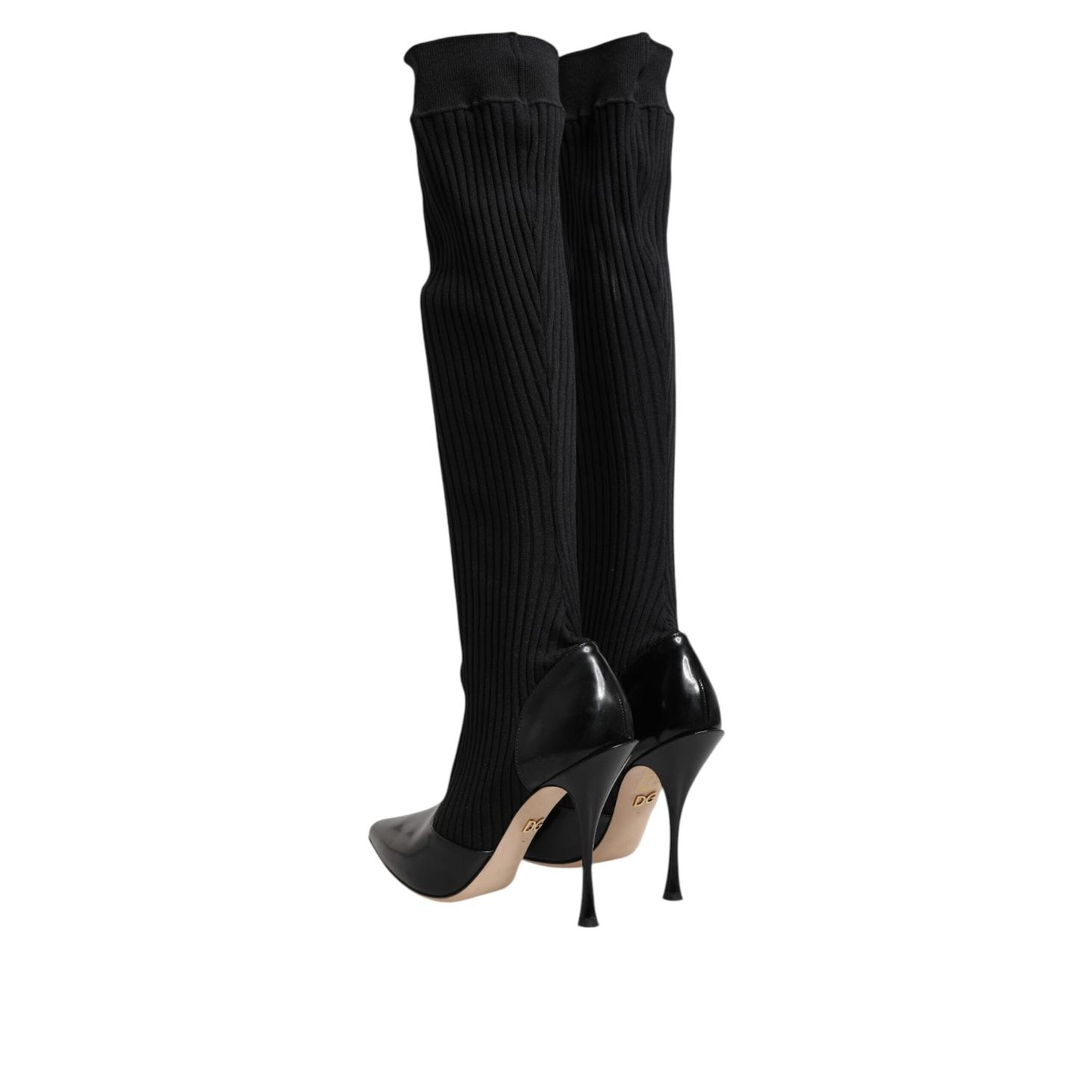 Dolce & Gabbana Black Leather Ribbed Knit Knee Boots Shoes LA11448-40