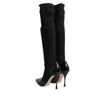 Dolce & Gabbana Black Leather Ribbed Knit Knee Boots Shoes LA11448-40