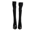 Dolce & Gabbana Black Leather Ribbed Knit Knee Boots Shoes LA11449-38