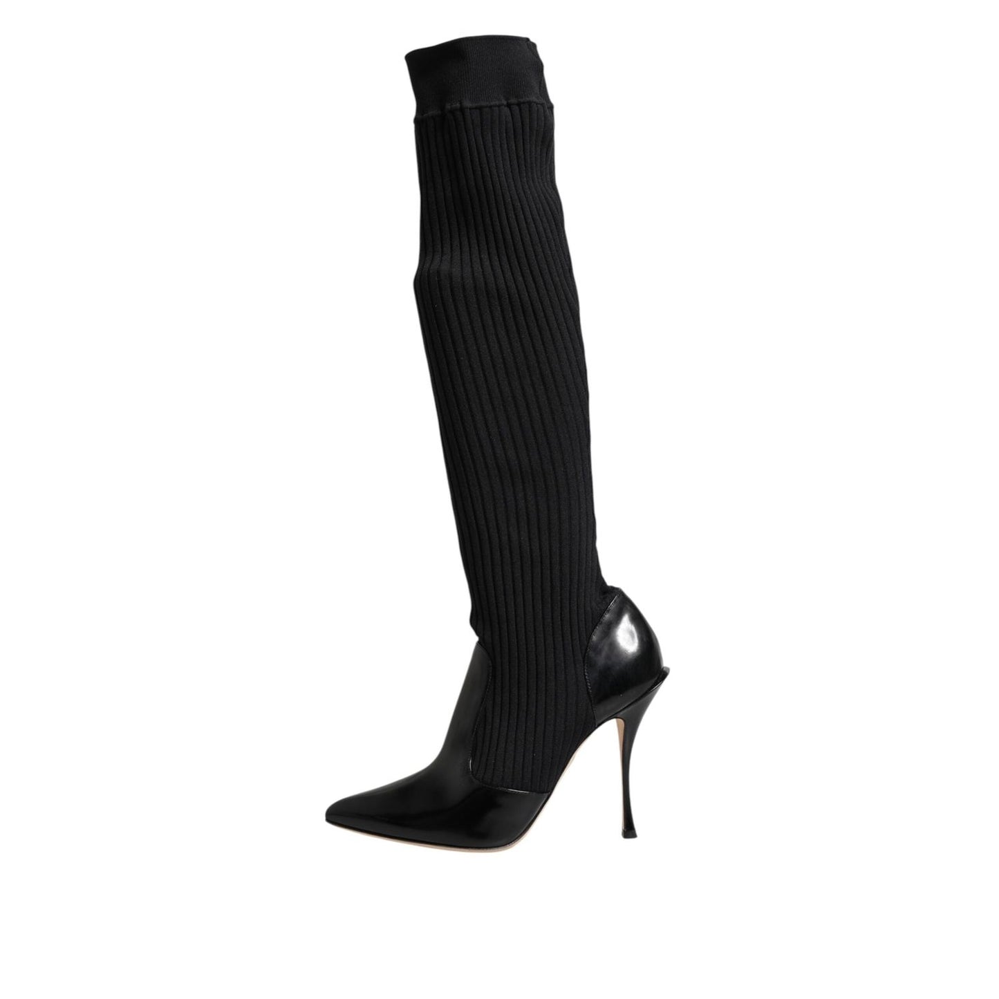 Dolce & Gabbana Black Leather Ribbed Knit Knee Boots Shoes LA11449-38