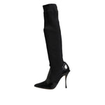 Dolce & Gabbana Black Leather Ribbed Knit Knee Boots Shoes LA11449-38